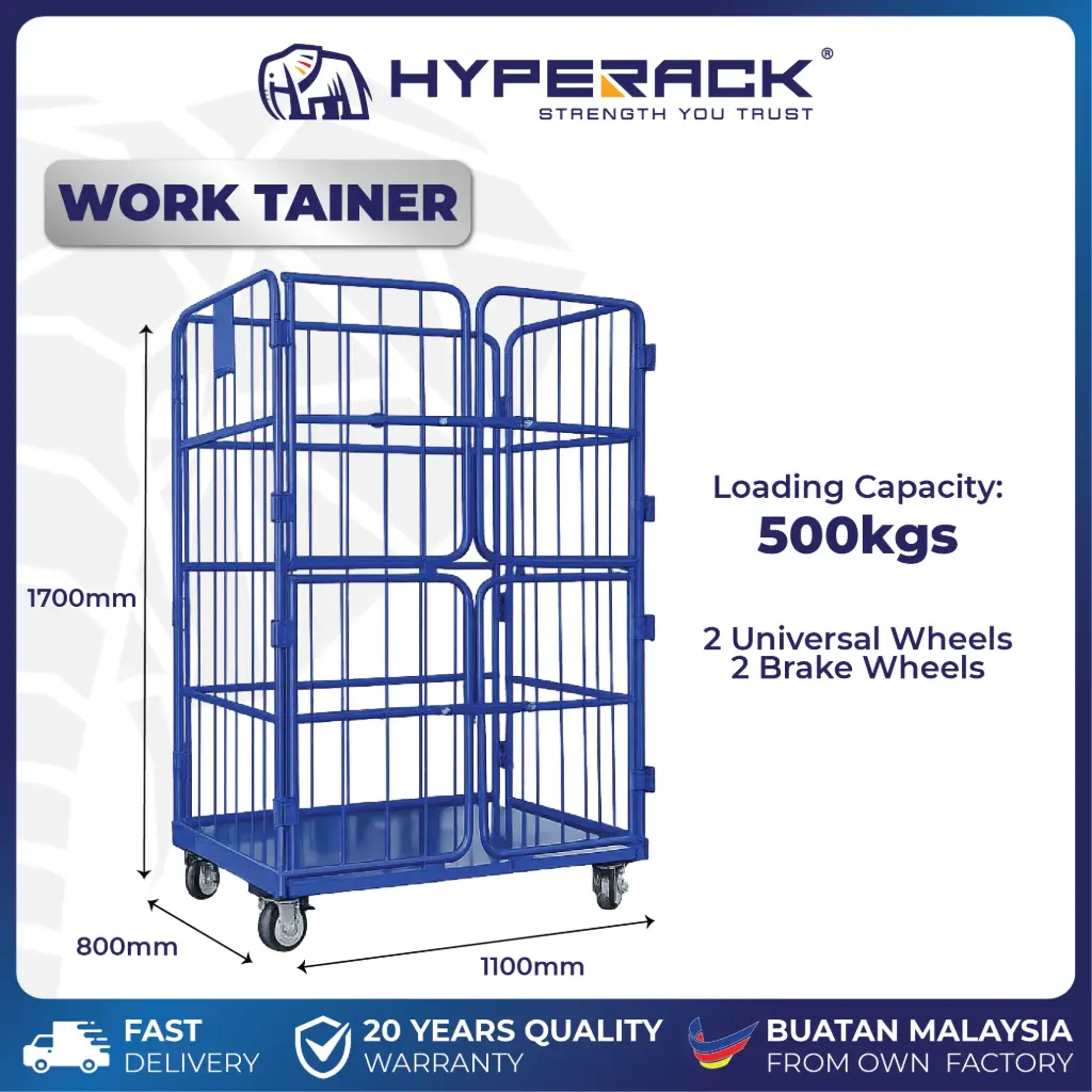 HYPERACK ™️ 500kg Work Tainer 4 Door Cage Trolley Heavy Duty Blue Swivel Wheels Brake Wheels