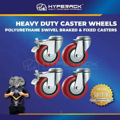 HYPERACK ™️ Polyurethane Swivel Braked & Fixed Casters (RED PU) Wheels
